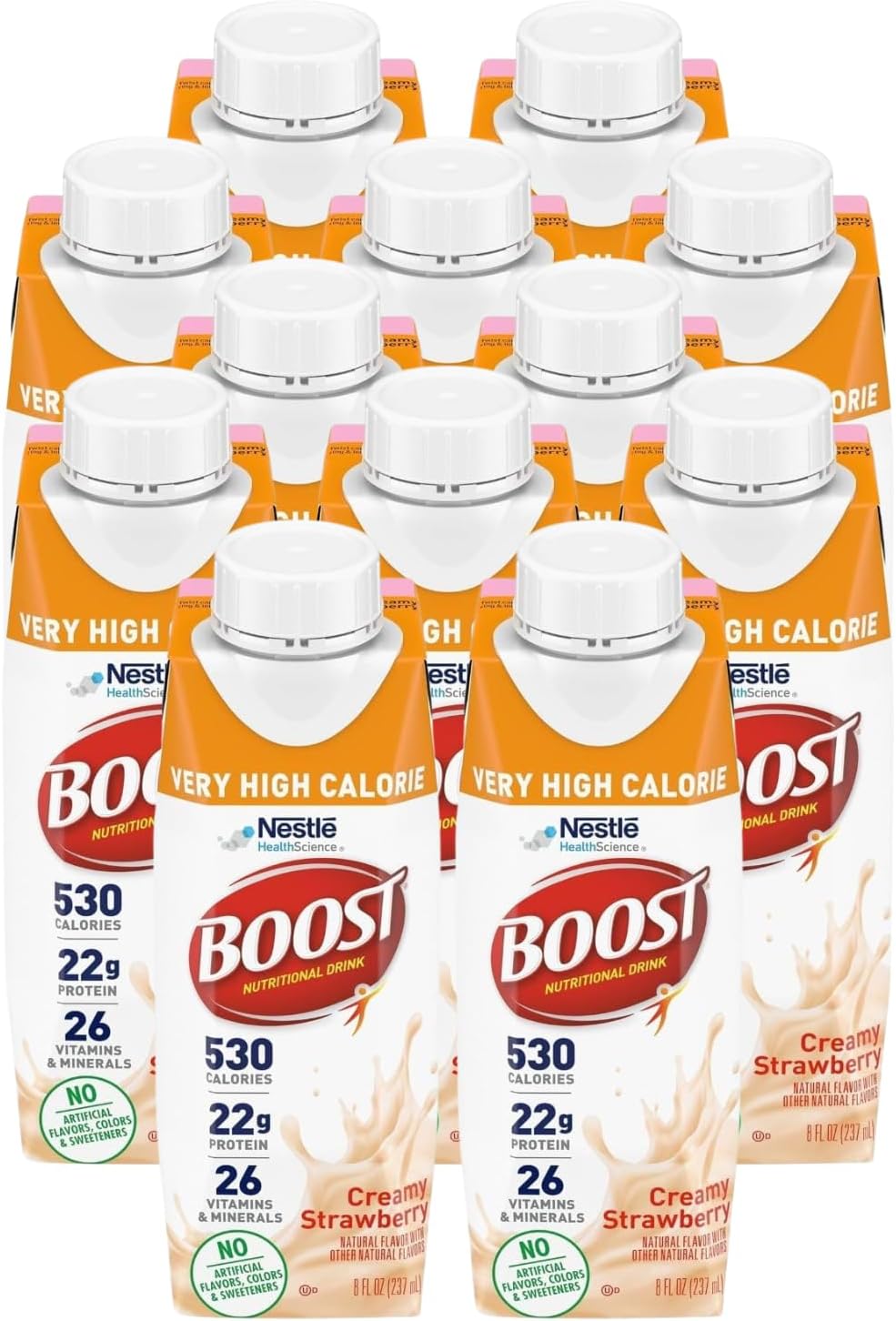 Very High Calorie Nutritional Drink Creamy Strawberry, Made with Natural Strawberry Flavor & No Artificial Flavors, Colors & Sweeteners, 8 FL OZ (Pack of 12)
