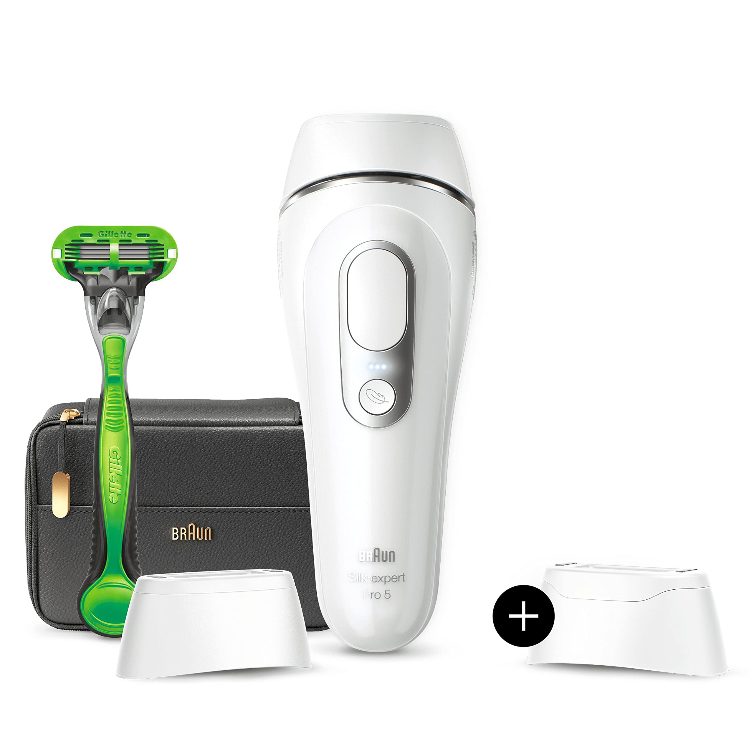 Braun Silk·expert Pro 5 PL5145 - épilateur à lumière pulsée, épilation semi-définitive à la maison, Blanc/Argent, Avec Pochette, Tête Large Et Rasoir Gillette Body