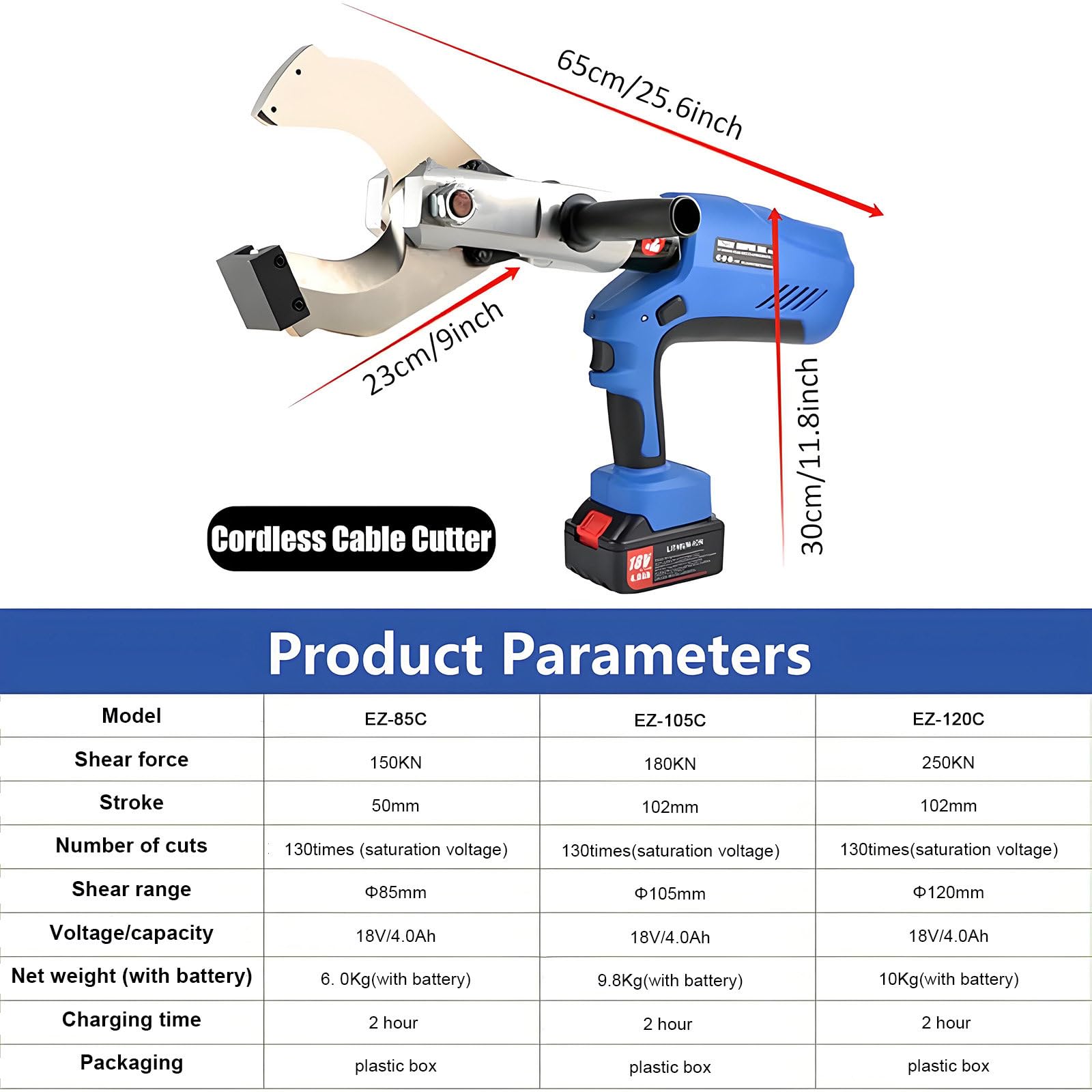Cortador de cables hidráulico, herramienta de corte eléctrica de 18 V para cables de cobre y aluminio de 85 mm/105 mm/120 mm, herramienta de corte de alambre portátil para aplicaciones de alta