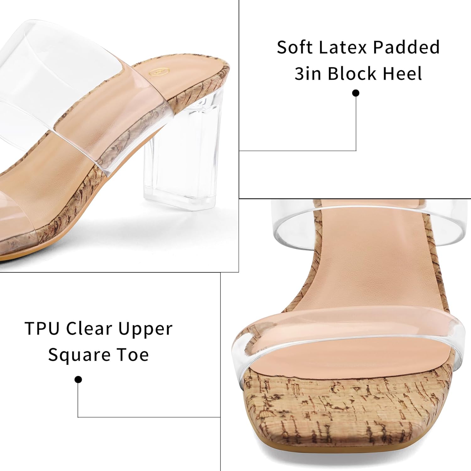 mysoft Clear Heels for Women Transparent Two Strap Block Chunky Square Heel Sandals Open Toe Slip On Sandals - Image 4