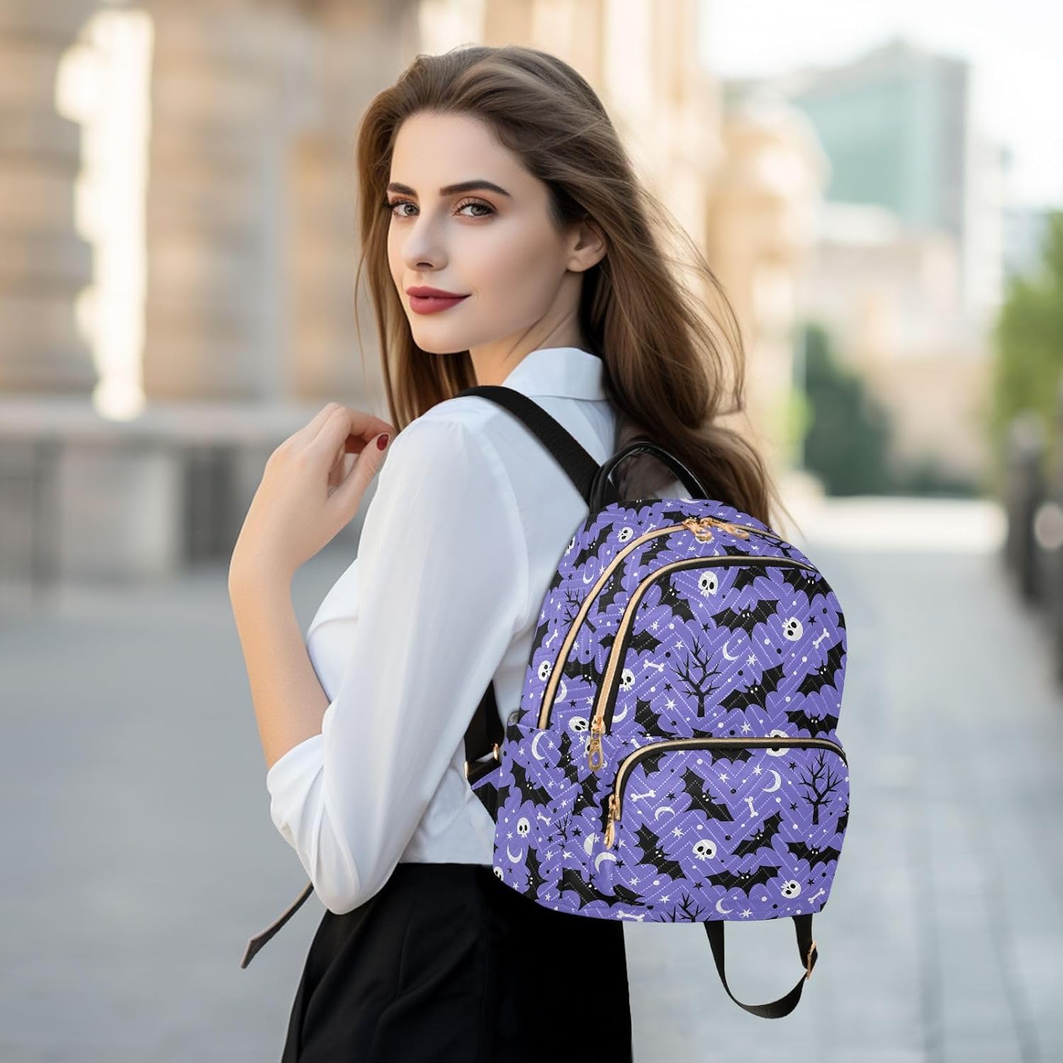 Backpack Purse Halloween Bats Skull for Women's Lightweight Quilted Handbag Shoulder Bags Fashion Casual Ladies Backpack for Travel Work M