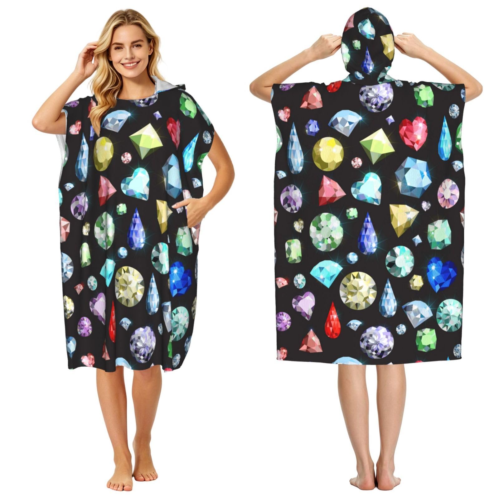 Poadnly Colored Gemstone Pattern, Adult Hooded Beach Towel 90 x 110 cm,Changing Bath Robe, Surf Poncho Towel For Women Men