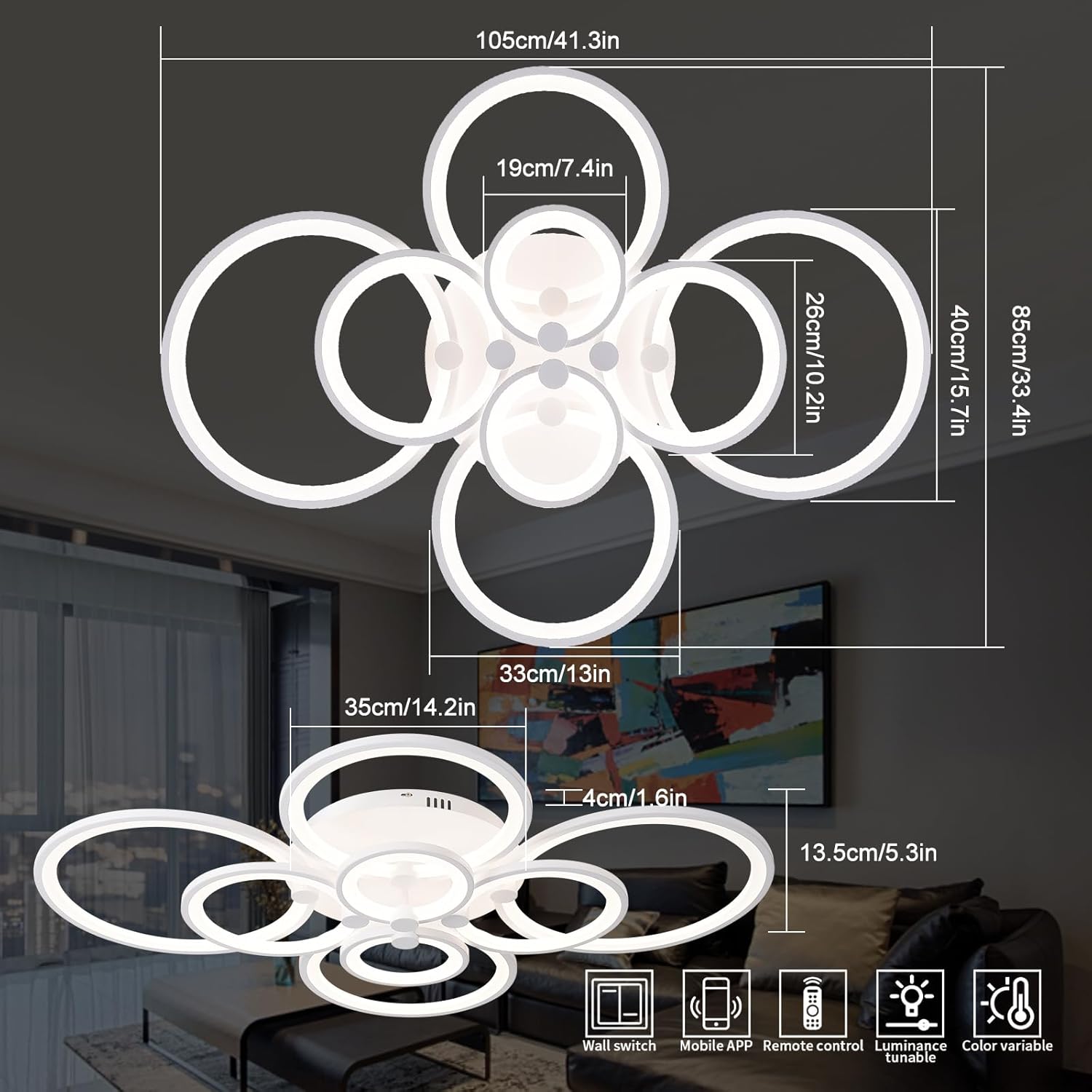 LED Ceiling Lights Dimmable Flush Mount Chandelier, 8-Ring Modern Acrylic LED Ceiling Lamp Fixture with Remote Control Indoor Low-Profile Lighting for Living Room, Dining Room, Bedroom Kitchen (White)