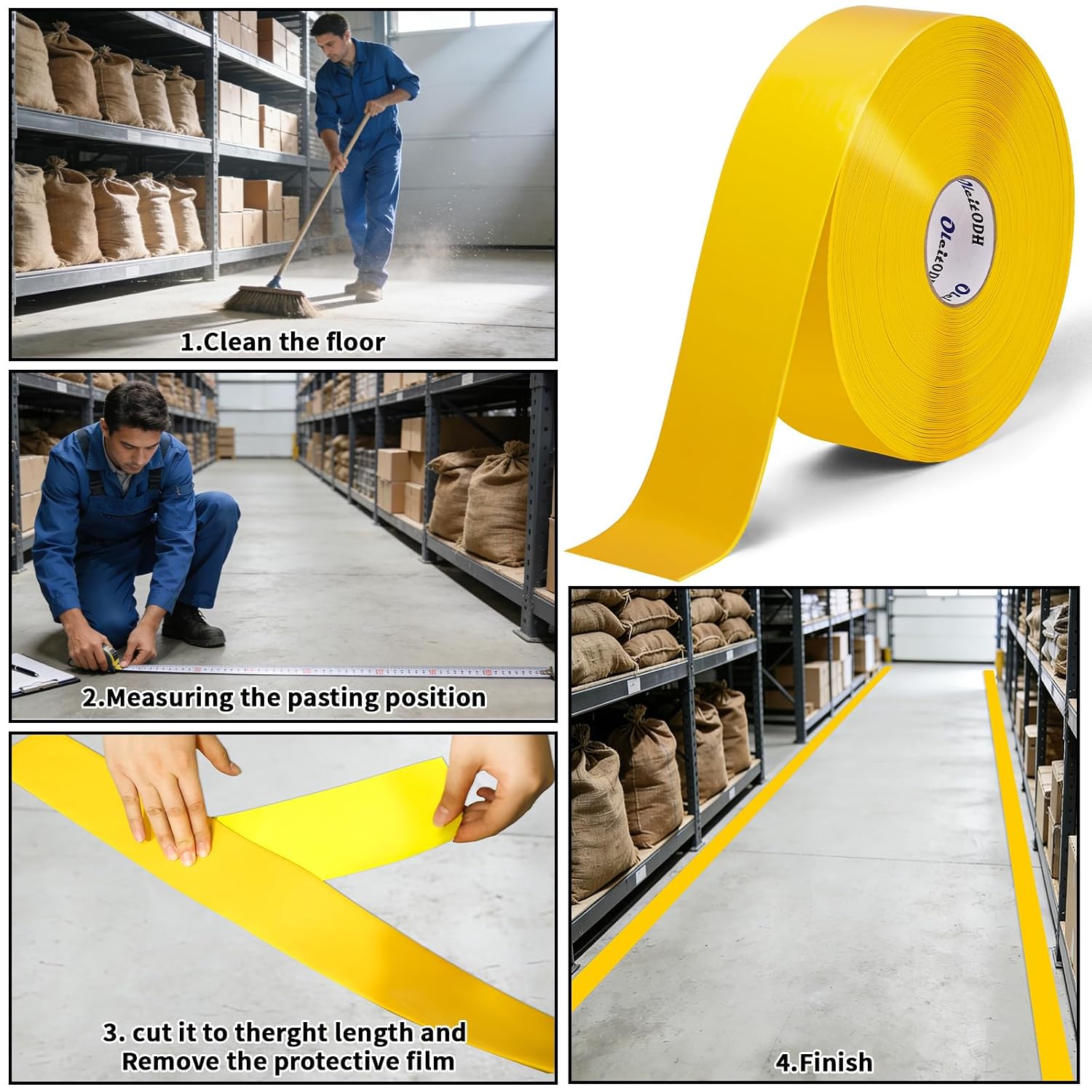 Oleitodh Yellow Floor Marking Tape,1mm Thick Adhesive Industrial Floor Tape 3" Width, 148' Length Safety, Caution, Warning Tape for Warehouse, Concrete, Harsh Conditions, Forklift, High Traffic Floors