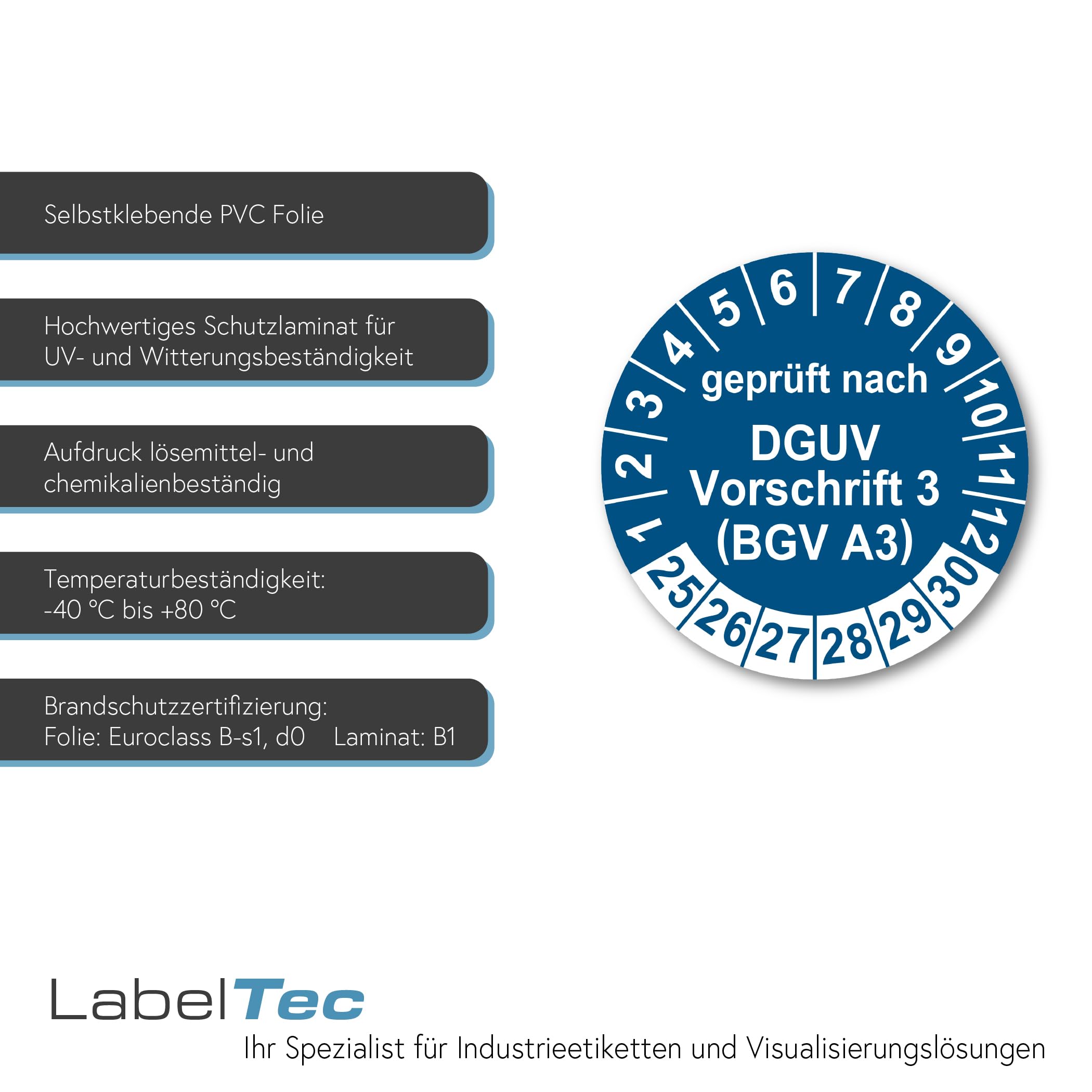 Prüfplaketten geprüft nach DGUV Vorschrift 3 BGV A3 Prüfaufkleber 2025-2030 Aufkleber Prüfetiketten Vinyl Plaketten Folie selbstklebend wasserfest LTA011 (100, Blau, ø20mm)