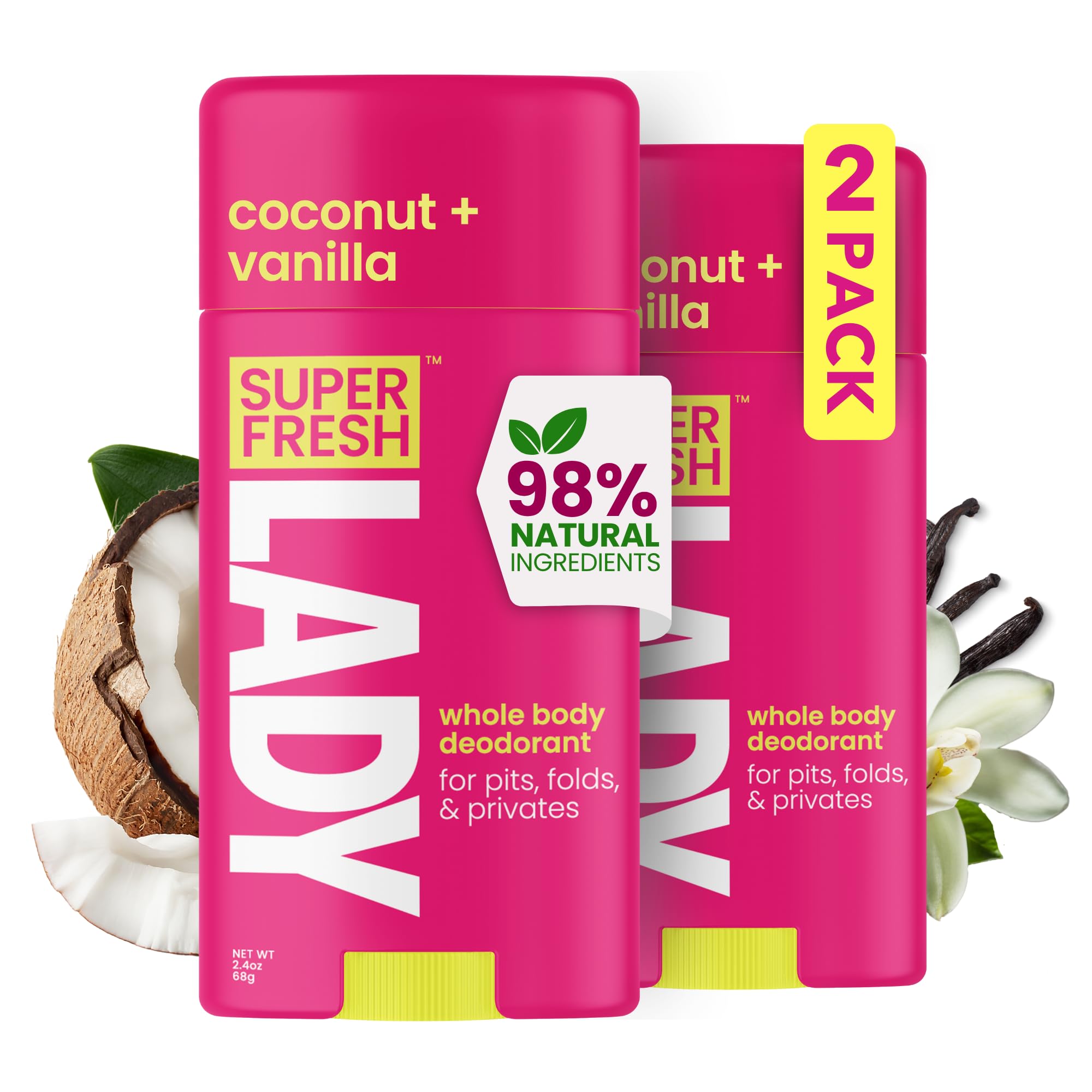 Super Fresh Lady - Desodorante natural en barra para mujer, sin aluminio, control de olores para todo el cuerpo, para axilas, debajo del pecho, muslos, entrepierna y partes de mujer, aroma a coco y