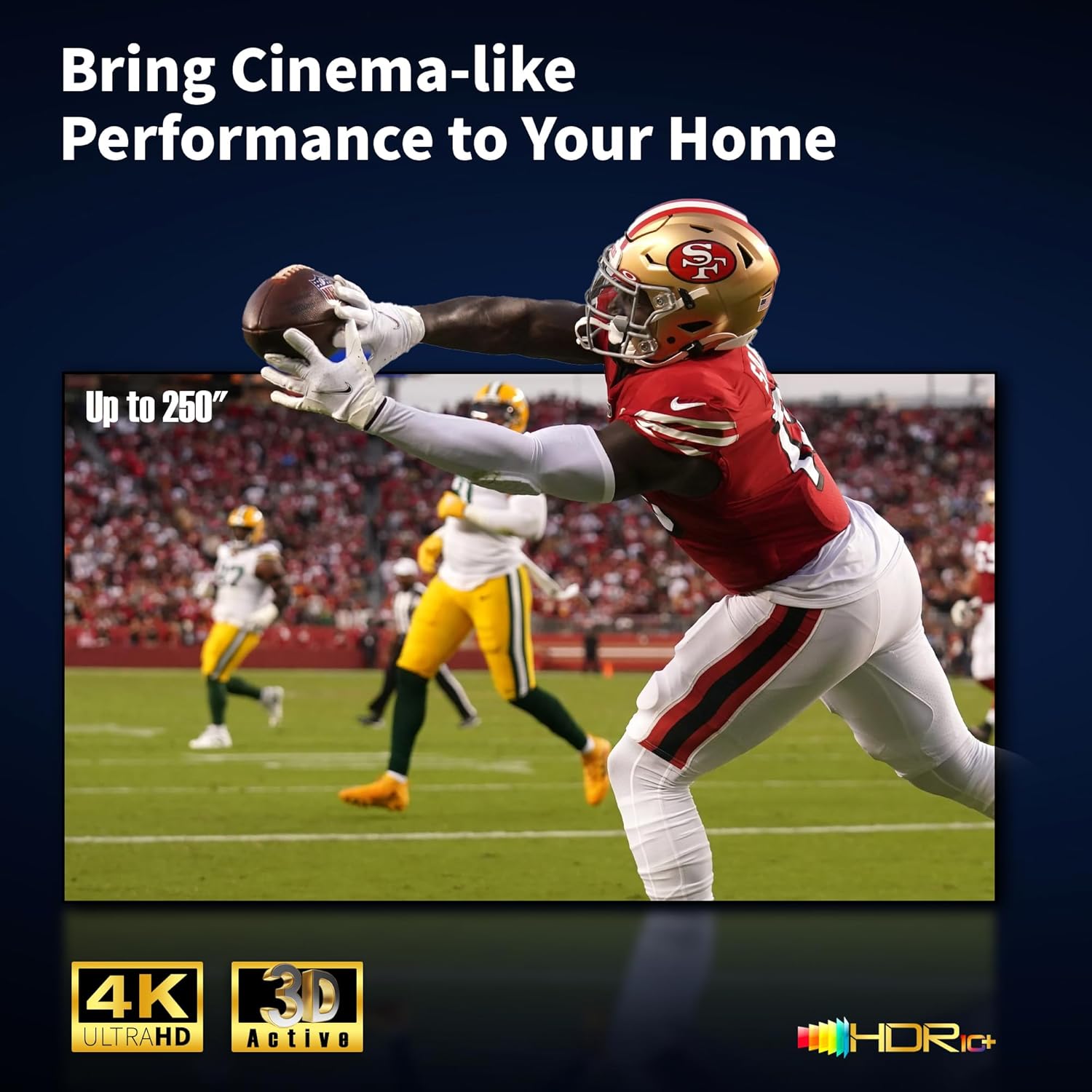 Projector screen displaying a vivid image in a brightly lit room, demonstrating ALR capabilities