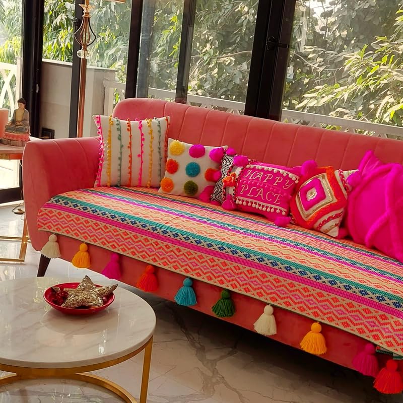Rainbow Aztech Tassel L Shaped Sofa Cover:Luxurious Sofa Protector:Heavy Weight Performance Fabric, AntiSlip, Scratch Resistant:Seat & Front Back Protection -Set of 3 Covers- Fits: 3+2+2 Seater