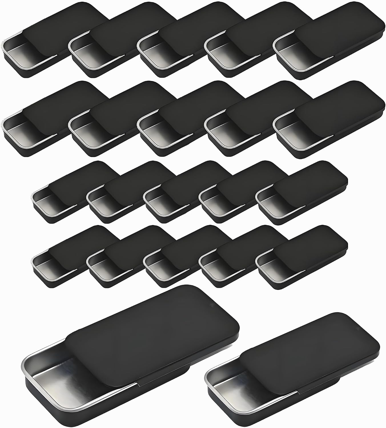 20 Pack Slide Top Metal Tins, Matte Black Rectangular Empty Containers with Lids,Small Portable Storage Box for Beads,Crafts,Hardware,Jewelry - Includes 10 Large (3.6") and 10 Small (3")