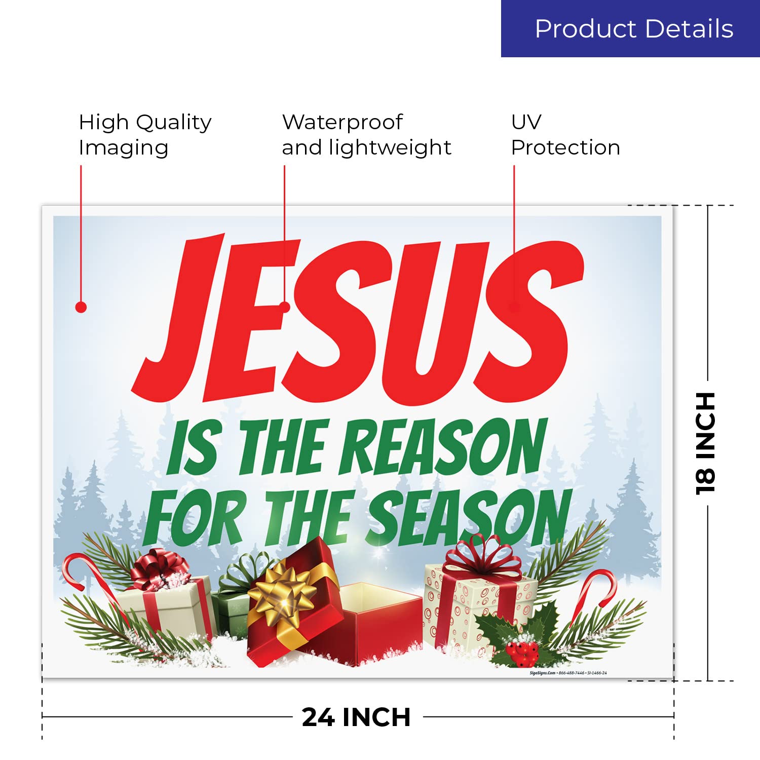 Jesus is The Reason for The Season Yard Sign, (2 Pack) Double Sided 18x24 Inches, Corrugated Plastic with Metal H Stake, Made in USA