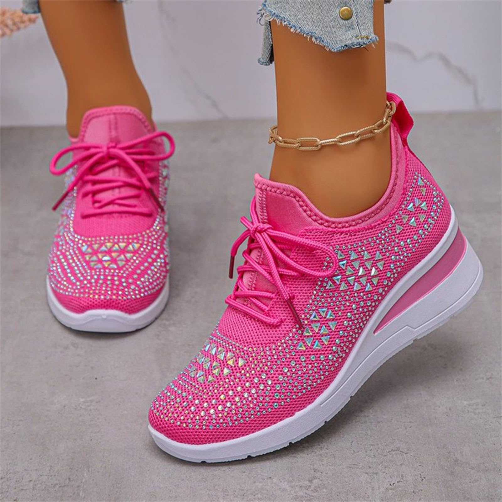 Scarpe da ginnastica da donna con plateau impreziosite con strass e maglia traspirante per abiti casual alla moda, Rosa acceso, 40 EU