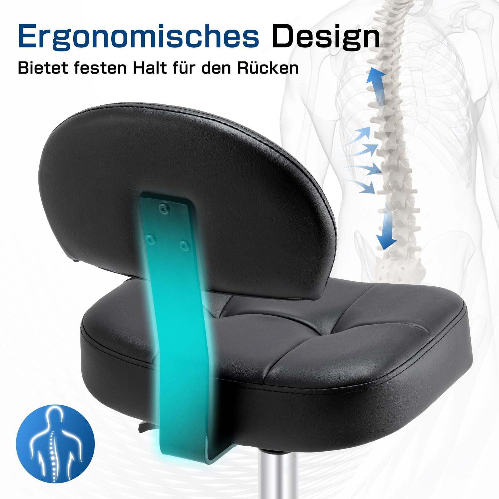 Rollhocker mit Lehne - Hocker mit Rollen und breitem, rechteckigem Sitzkissen | Rollhocker höhenverstellbar 51-64cm | Drehhocker mit Rollen mit gleichmäßigem Lauf | Ideal für Salon, Kosmetik (Tinte)