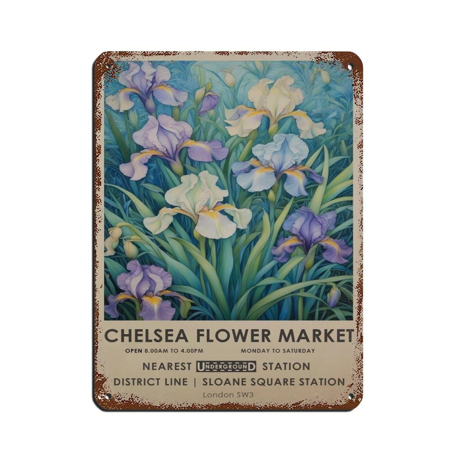Chelsea Flower Market, Iris Botanical,gift Tin Sign Vintage Metal Pub Club Cafe Bar Home Wall Art Decoration Poster Retro 12x16inch(30x40cm)