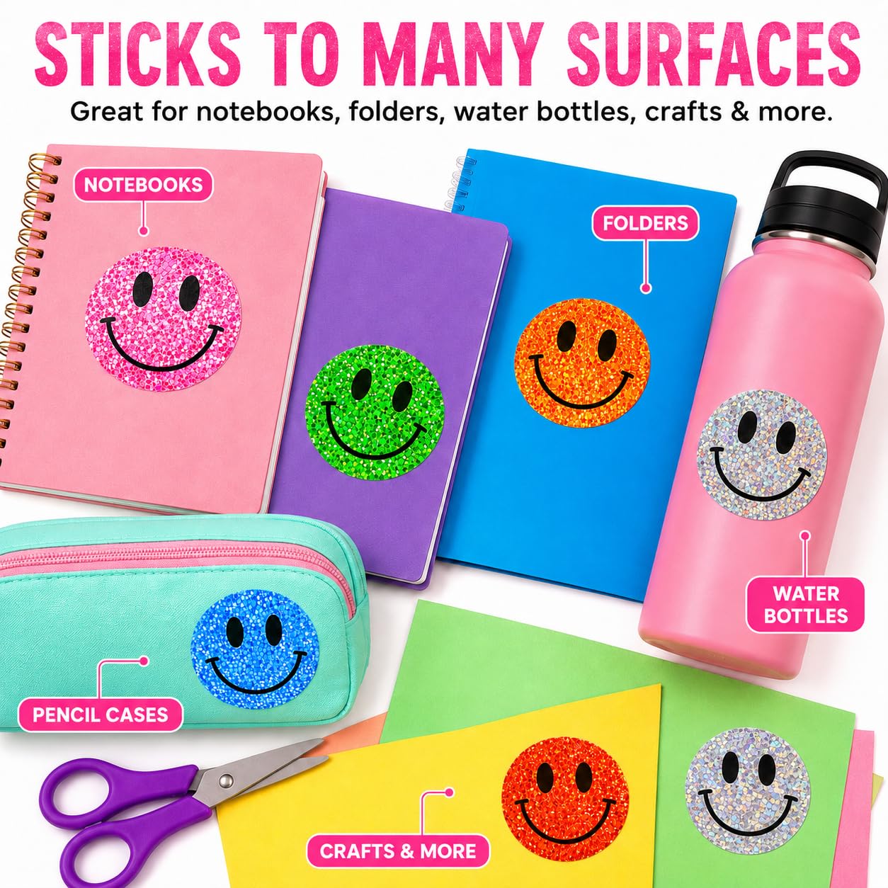 Smiley-Aufkleber mit Smiley-Motiv, 2,5 cm, 2 Rollen mit 500 runden Etiketten für Verpackung, Versandtaschen, Büroinventar, Versiegelung von Umschlägen und Geschäftsbedarf (Smiley_Glitzer)