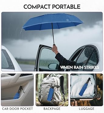 LILAC Umbrella Windproof Strong Compact - 8 Ribs Double Canopy Vented Travel Brolly with 4 Reflective Safety Strips, Automatic Open Close Folding Rain Gear for Night Walking & Handbag