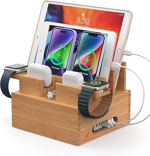 Miniatura 10 de Organizador de estación de carga de bambú para múltiples dispositivos incluye cargador USB de 5 puertos paquete de 6 cables de carga y