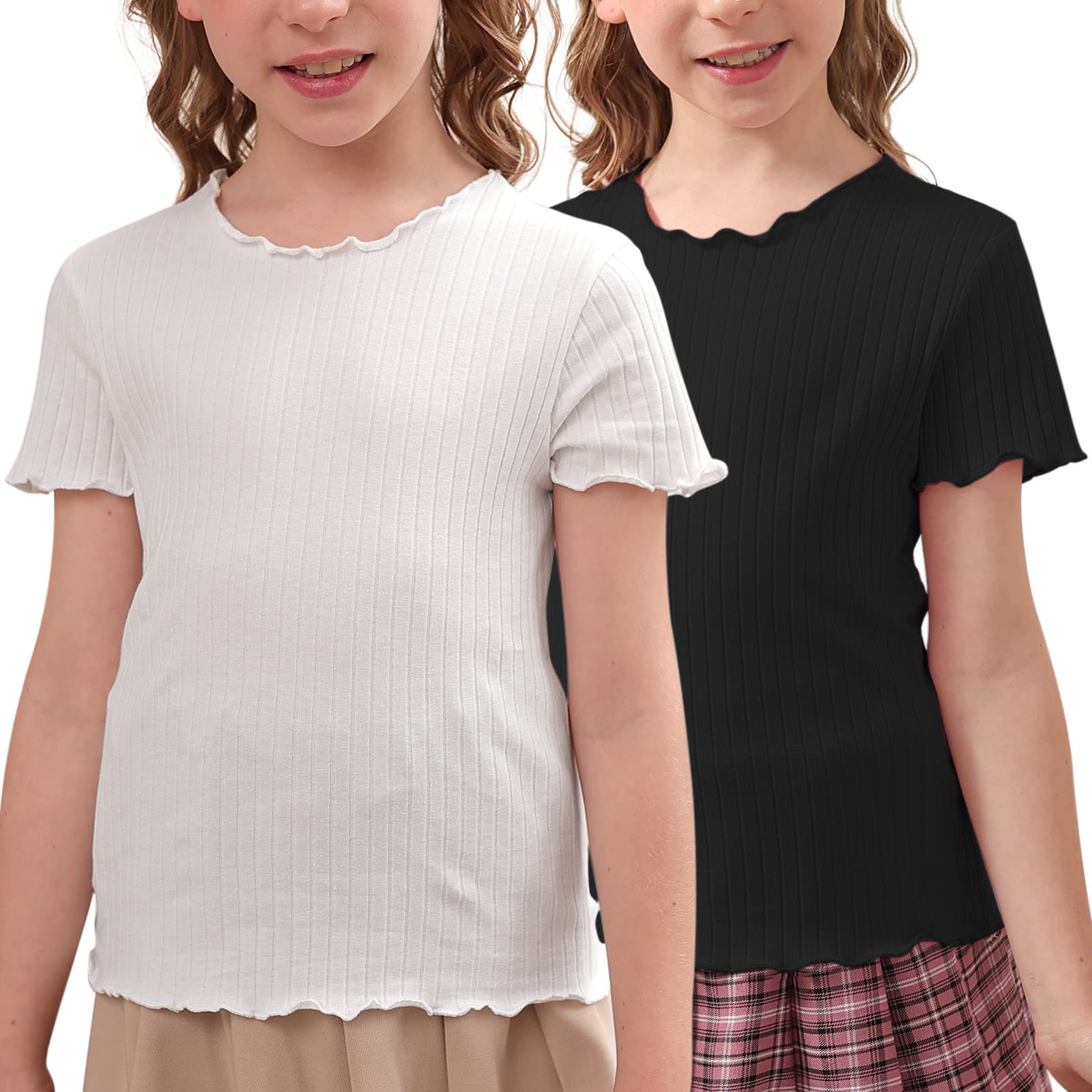 GORLYA 2 Pack Girls Lettuce Trim Basic Solid Tee Shirts Ribbed Knit Casual Blouse Tops for 4-14T