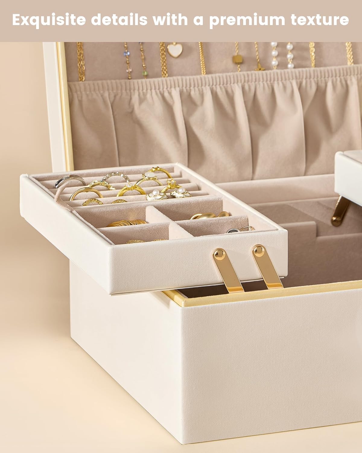 Lolalet Jewelry Box Organizer for Women Girls, 2 Layer Jewelry Organizers and Storage for Necklace Earrings Rings Bracelets, Large Jewellery Holder Case Birthday Valentine Gifts -Cream - Image 6