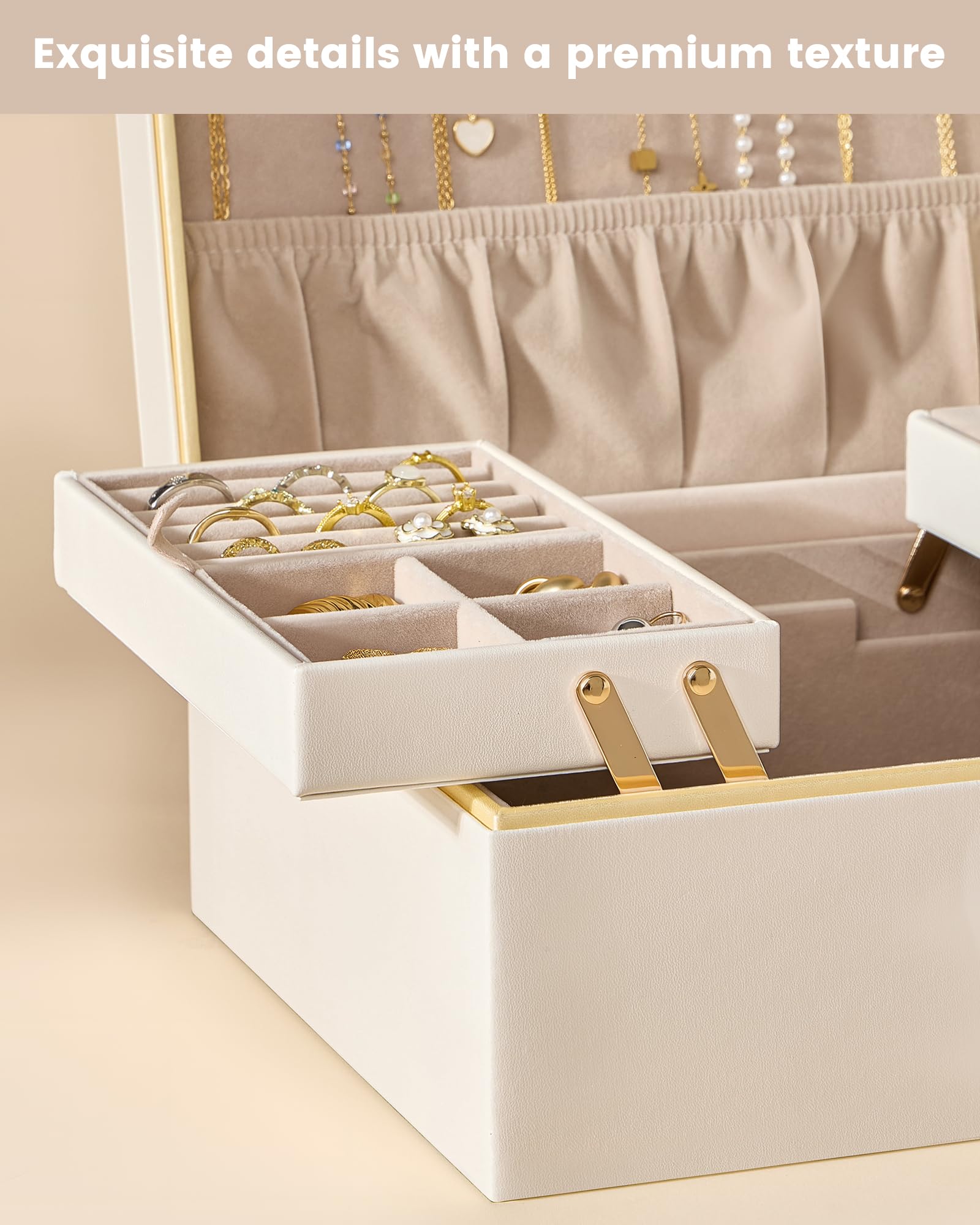 Lolalet Jewelry Box Organizer for Women Girls, 2 Layer Jewelry Organizers and Storage for Necklace Earrings Rings Bracelets, Large Jewellery Holder Case Birthday Christmas Gifts -Cream