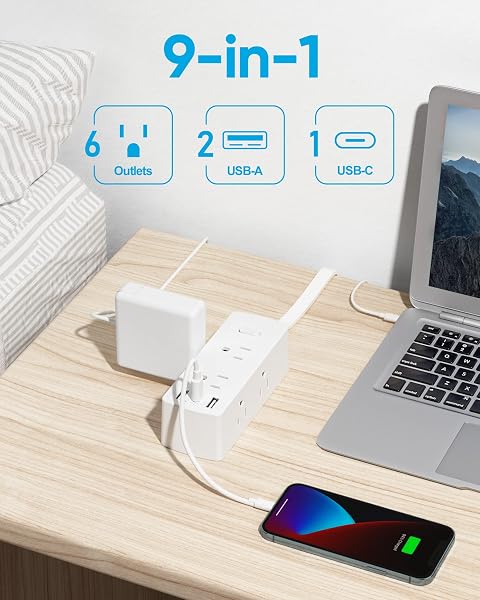 Short Extension Cord 1ft - Olcorife Flat Plug Power Strip with 6 Outlets 3 USB Ports(1 USB C), Small Outlet Extender for Travel Dorm Room Essentials, White - 2