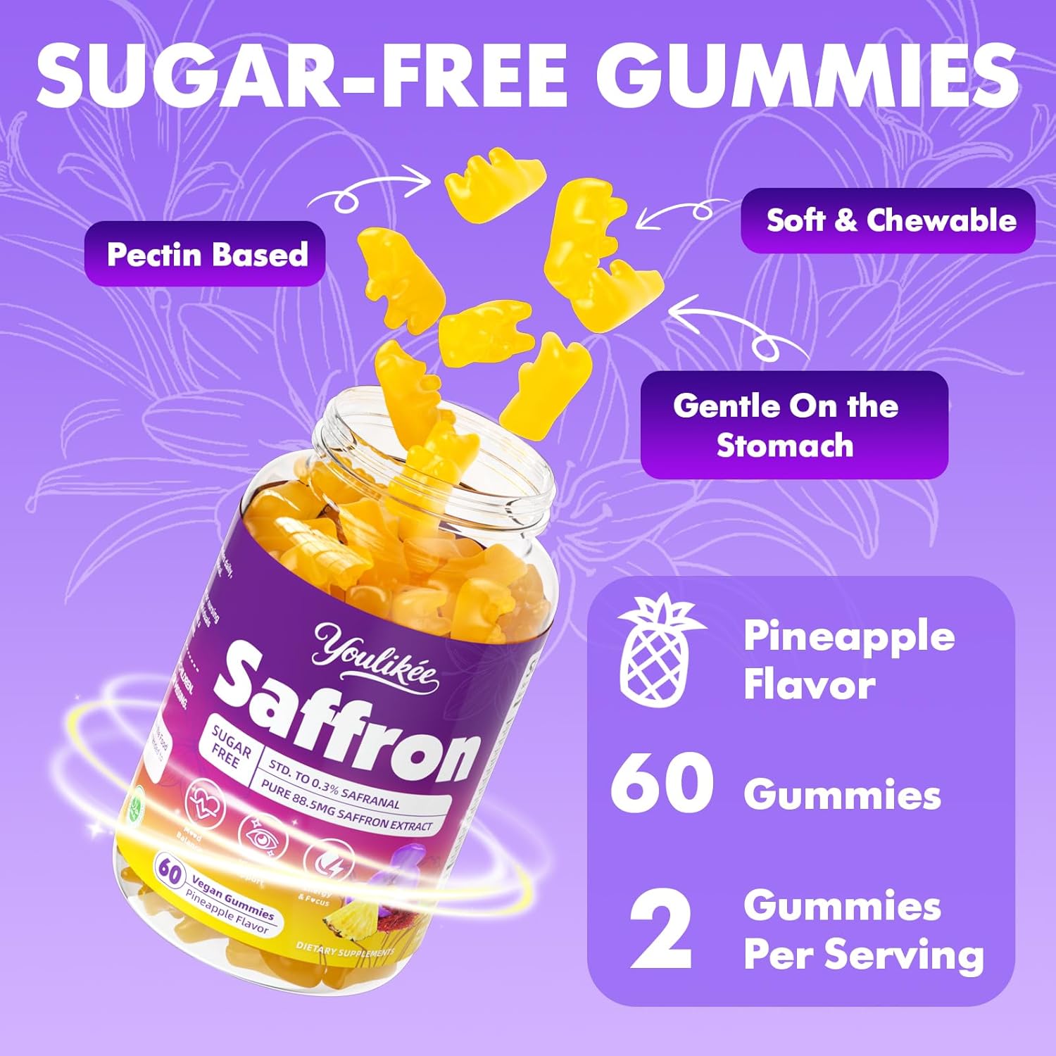 Saffron Gummies 88.5mg - Saffron Supplements with Magnesium, Rhodiola Rosea, Ashwagandha, L-Theanine, St. John's Wort, Vitamins D3 & B6, Zinc - Supports Zzz, Focus, Pineapple Flavor, 60 Count - Image 7