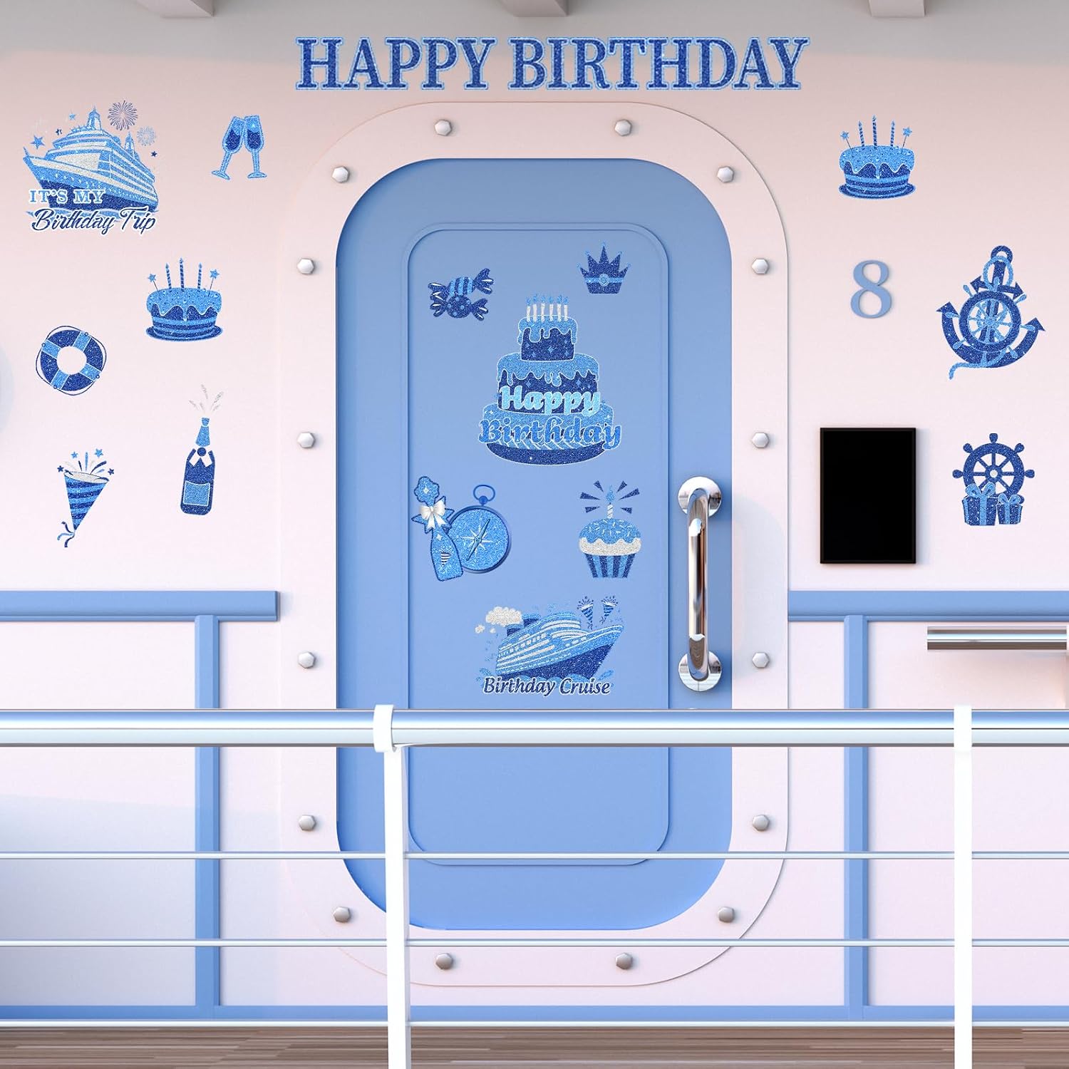 JarThenaAMCS 16Pcs Birthday Cruise Door Magnets Decoration Blue-Silver Happy Birthday Cruise Ship Magnetic Sticker for Cabin Ship Car Refrigerator Carnival Party Supplies image 4