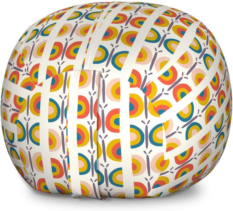 Ambesonne Butterfly Storage Toy Bag Chair, Retro Insect Circular Wings Imagination Cartoon Abstract Design Print, Stuffed Animal Organizer Washable Bag, Small Size, White and Multicolor