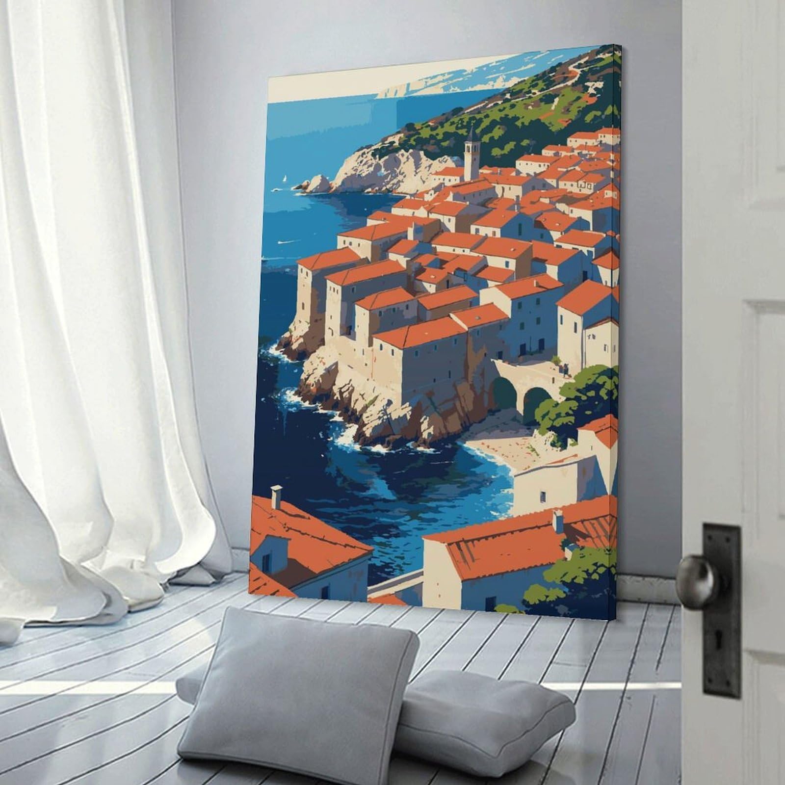Junmoney Coastal Town with Red Roofs Room Decor Wall Art 08x12inch(20x30cm), for Entrance Spaces, Stair Walls Or Halls, A Neat Decor Update for Hallways