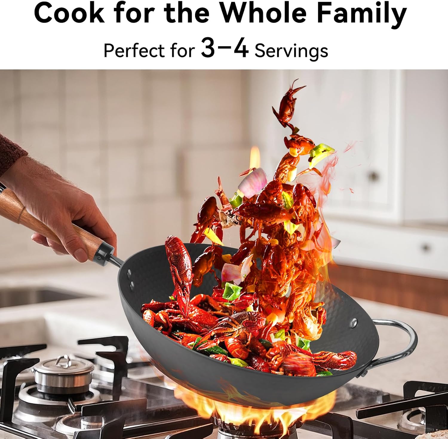 WANGYUANJI Carbon Steel Wok with Lid, 12.6" Hammered Stir Fry Pan with Helper Handle & Iron Spatula, Thickened Heavy Duty Flat Bottom Wok for Induction, Electric & Gas Stoves, Metal Utensil Safe