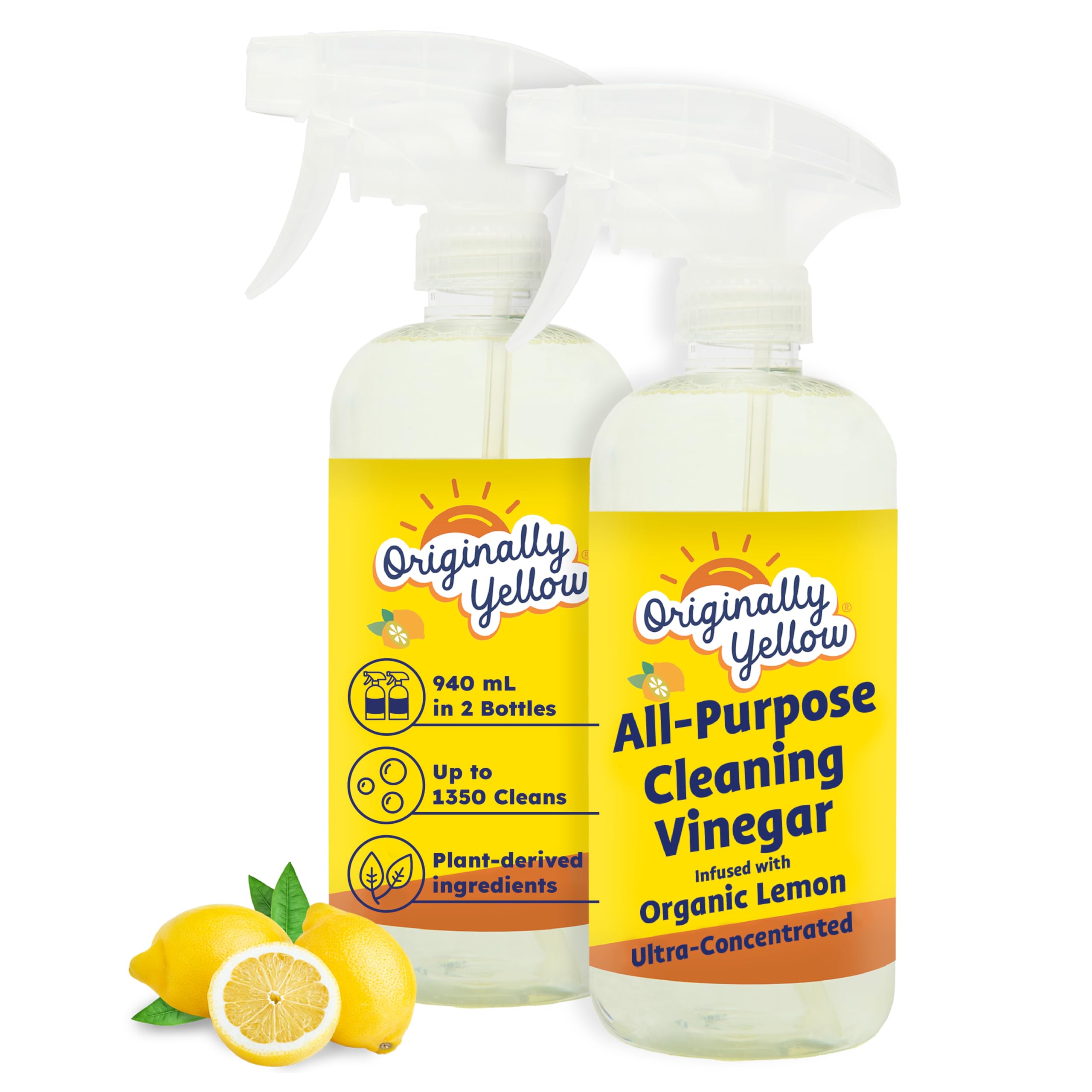 Originally Yellow, All-Purpose Vinegar Cleaner Spray, Distilled White Vinegar for Cleaning, Infused With Organic Lemon 0.47L x2 2 PACK