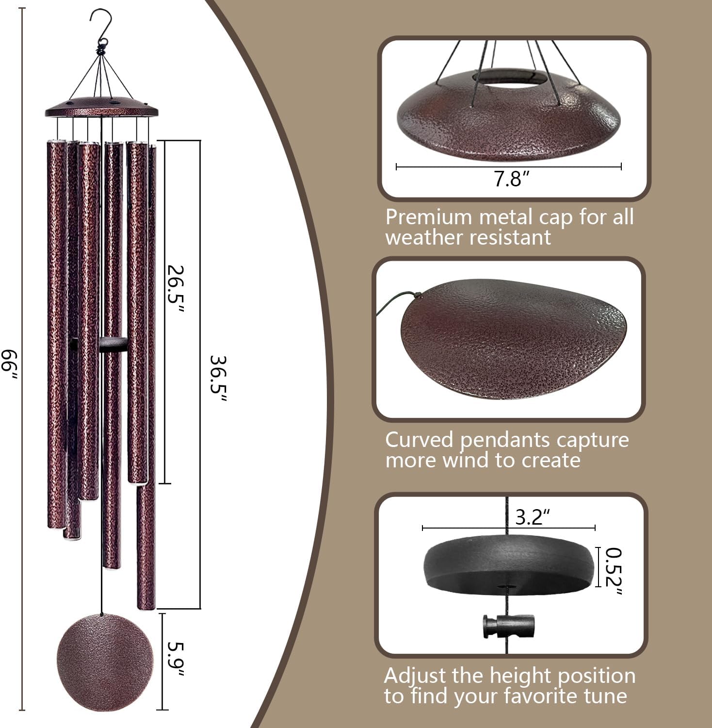 66" Wind Chimes for Outside Deep Tone - 6 Thicken Tubes Memorial Wind Chimes for Loss of Love One, Gifts for Women, Mom, Grandma, Sympathy, Large Windchimes for Outdoor, Garden, Patio (Bronze)