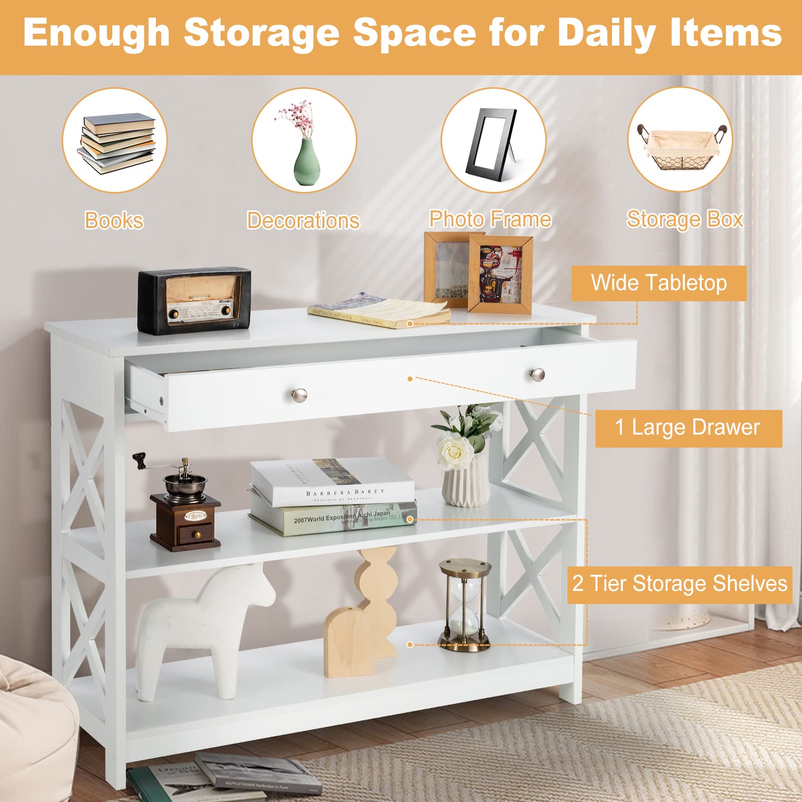 Tavolo Console A 3 Livelli Con Cassetto - Per Ingresso O Soggiorno, Legno, 100x30x80cm, Azzurro