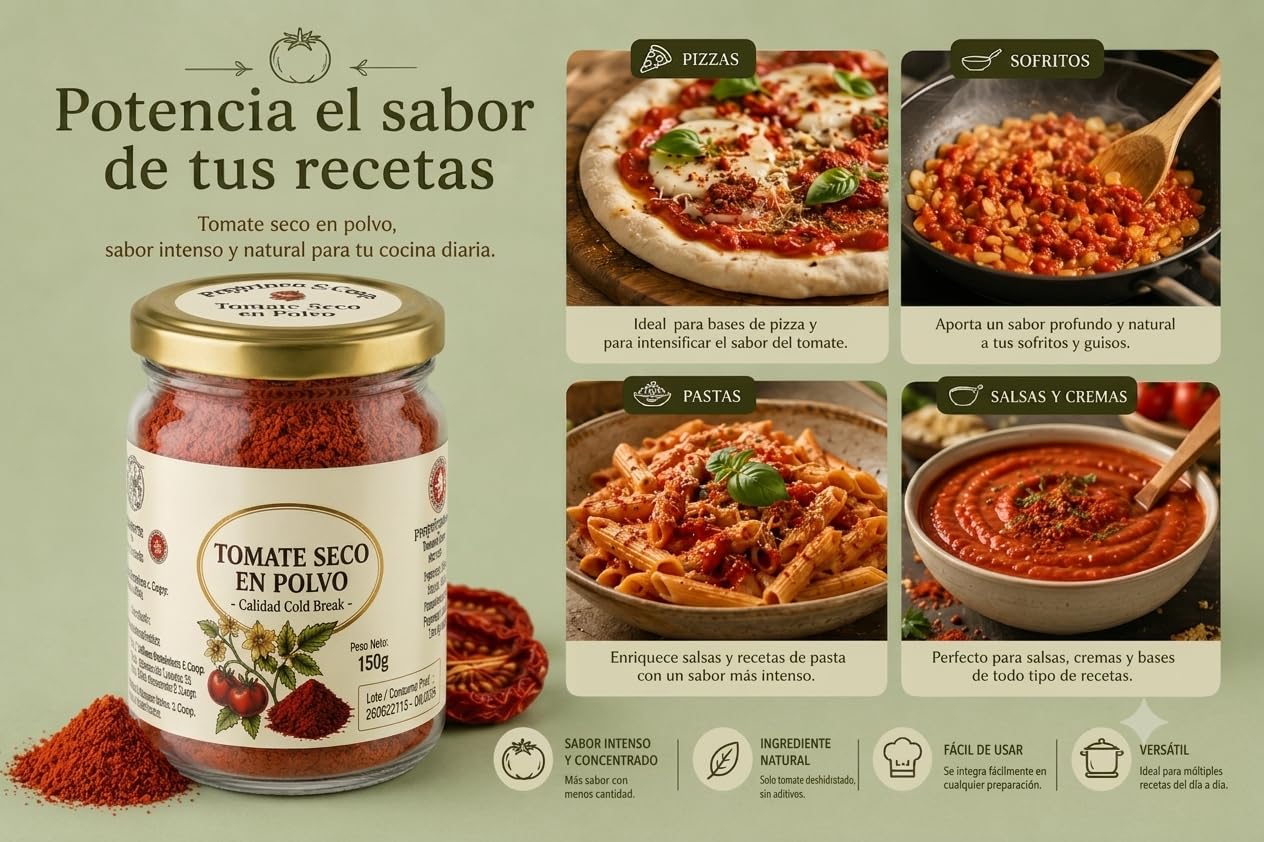 Tomate Seco en Polvo Premium (150g)-Molido Fino, Sabor Intenso y Natural- Ideal para Pasta, Sofritos y Pasta de Tomate Concentrada (1 bote 150g)