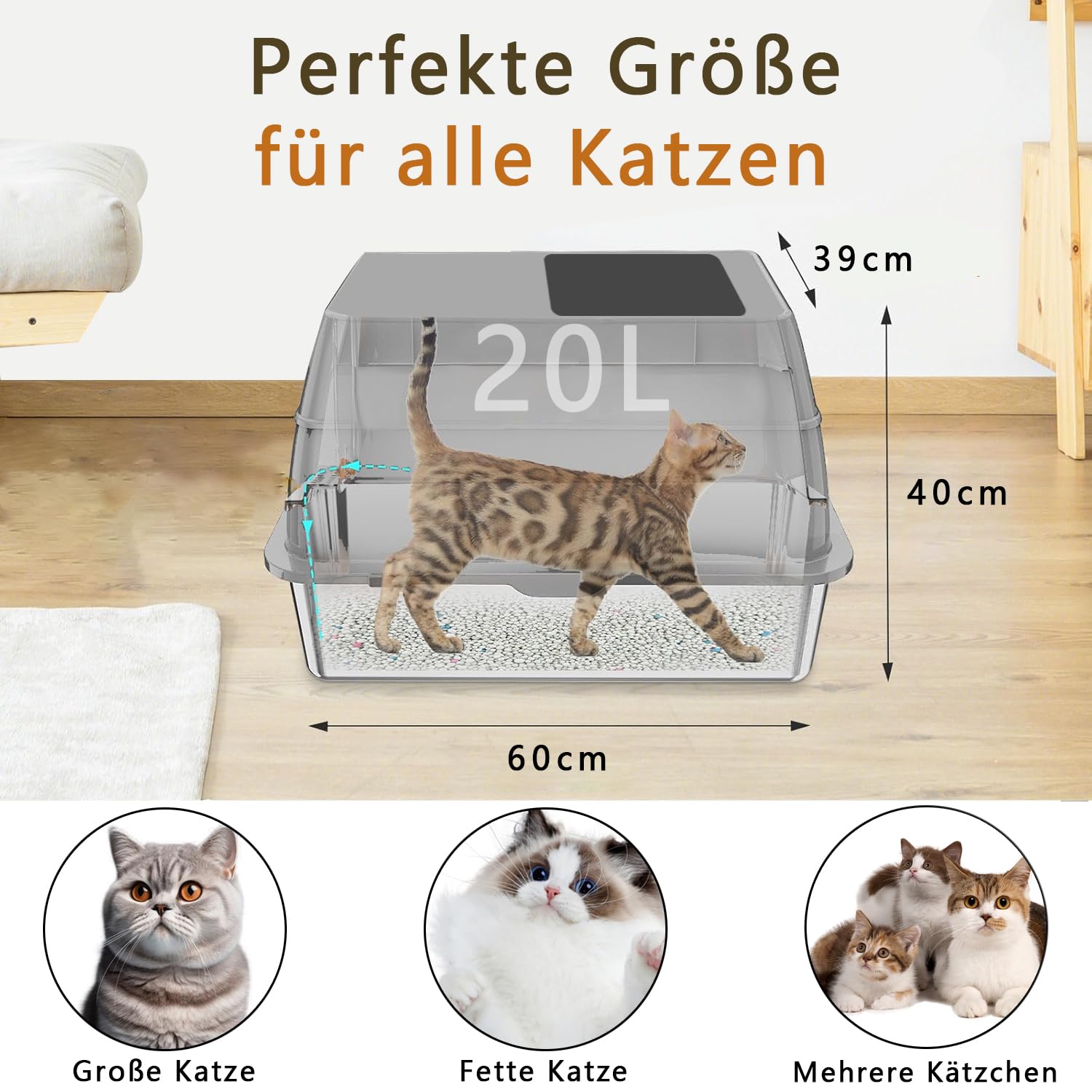 Katzentoilette aus Edelstahl mit Deckel, XXL Groß Katzentoilette Glatte Oberfläche Geschlossenes Design Hohen Wandkanten, Antihaftbeschichtet Auslaufsicher und Leicht zu Reinigen, 60 x 40 x 39CM