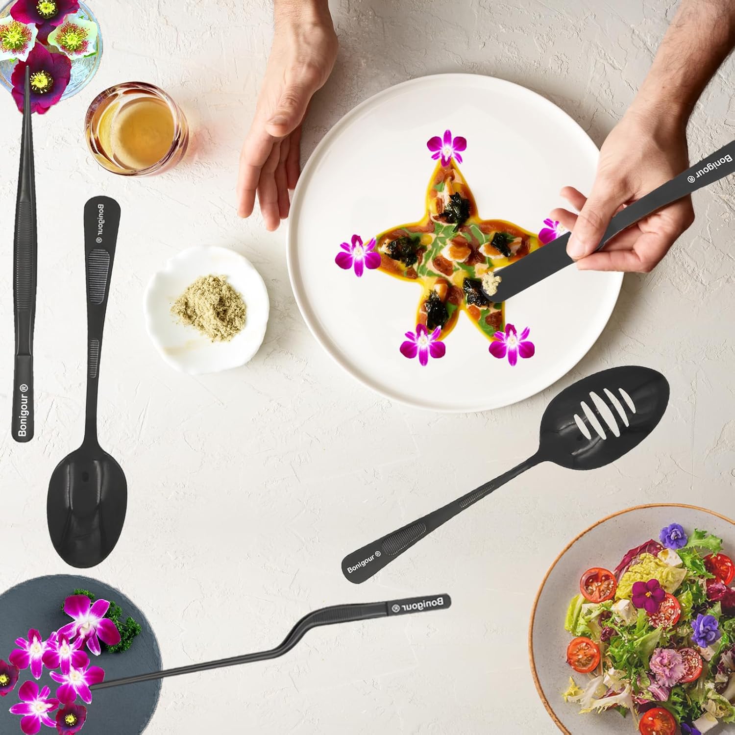 Plating Tool Culinary Set, 6 Piece Professional Chef Plating Tools Kit, Chef Plating Utensils, Spatula, Tweezers for Modernist Cuisine Food Art, Black, Cooking Utensils (Black)