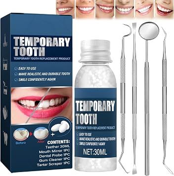 Temporary Tooth Filling Repair Kit, Filling Kit for Teeth Includes 4 Dental Tools & Moldable Tooth Filler for Missing Broken Teeth Replacement, Denture Repair Beads Kits, Easy and Quick Solution
