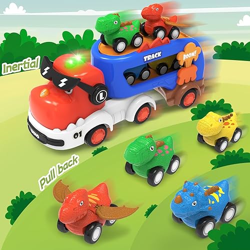 Miniatura 6 de Juguetes de dinosaurio para niños de 2, 3, 4, 5, 6, 5 en 1, camión de dinosaurios con 4 autos de dinosaurio, luz y sonido, juguetes para niños de 2