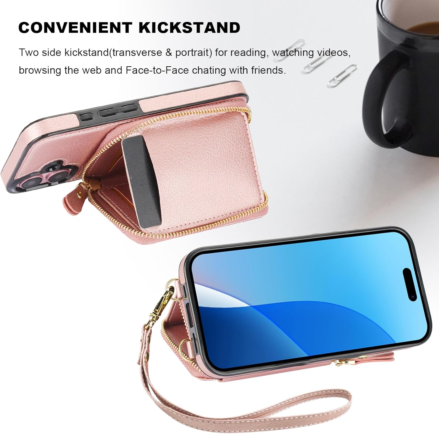 Bocasal RFID Blocking Wallet Case for iPhone 16, Adjustable Crossbody Zipper Purse Case Card Holder with Kickstand Detachable Wrist Strap, PU Leather Flip Folio Case 6.1 Inch 5G (Rose Gold)