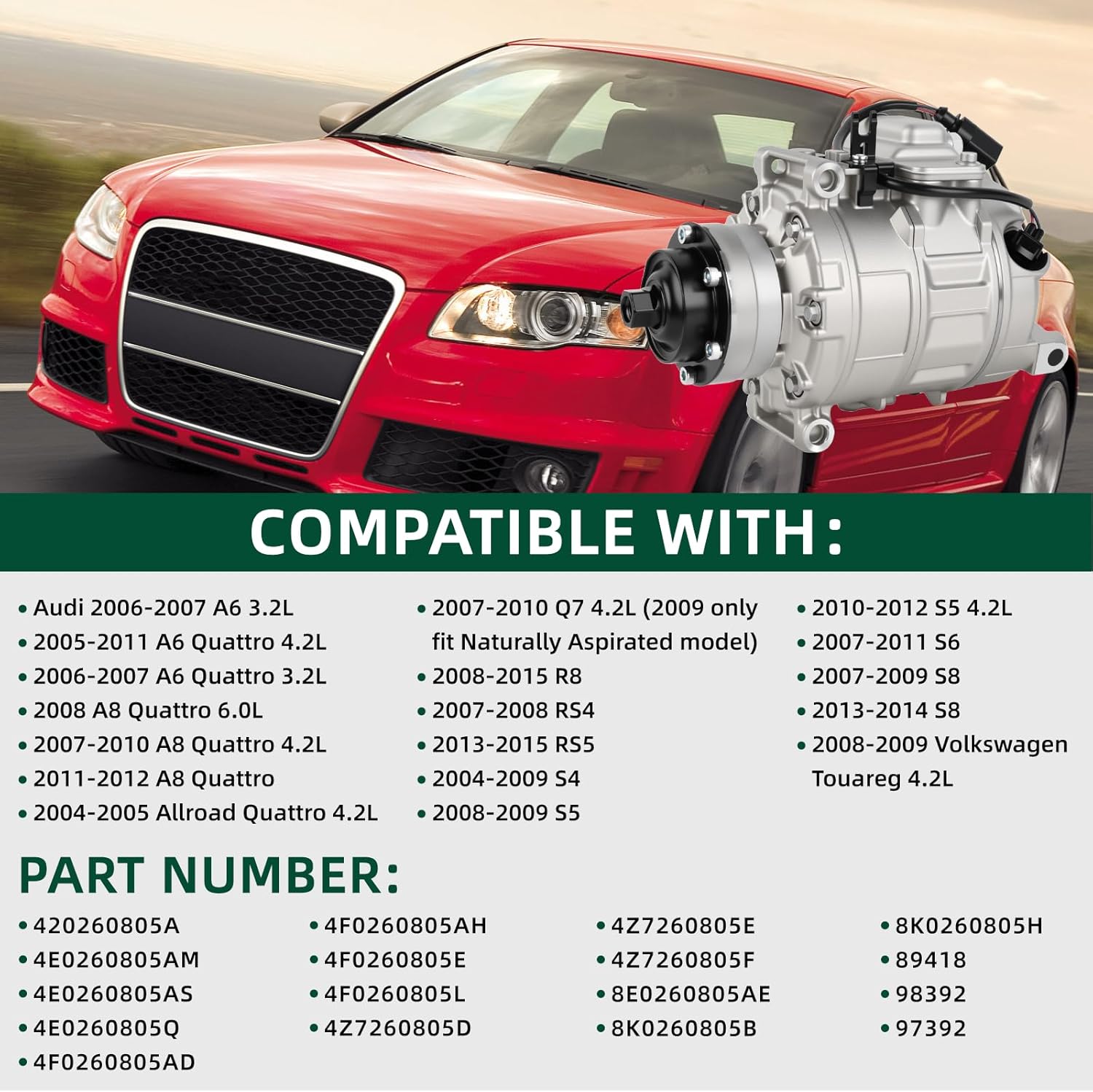 420260805A AC Compressor Compatible with AUDI A4 Q7, A6, A6 Quattro, A8 Quattro, Allroad Quattro, R8, RS4, RS5, S4, S5, S6, S8, 2008-2009 VW Volkswagen Touareg
