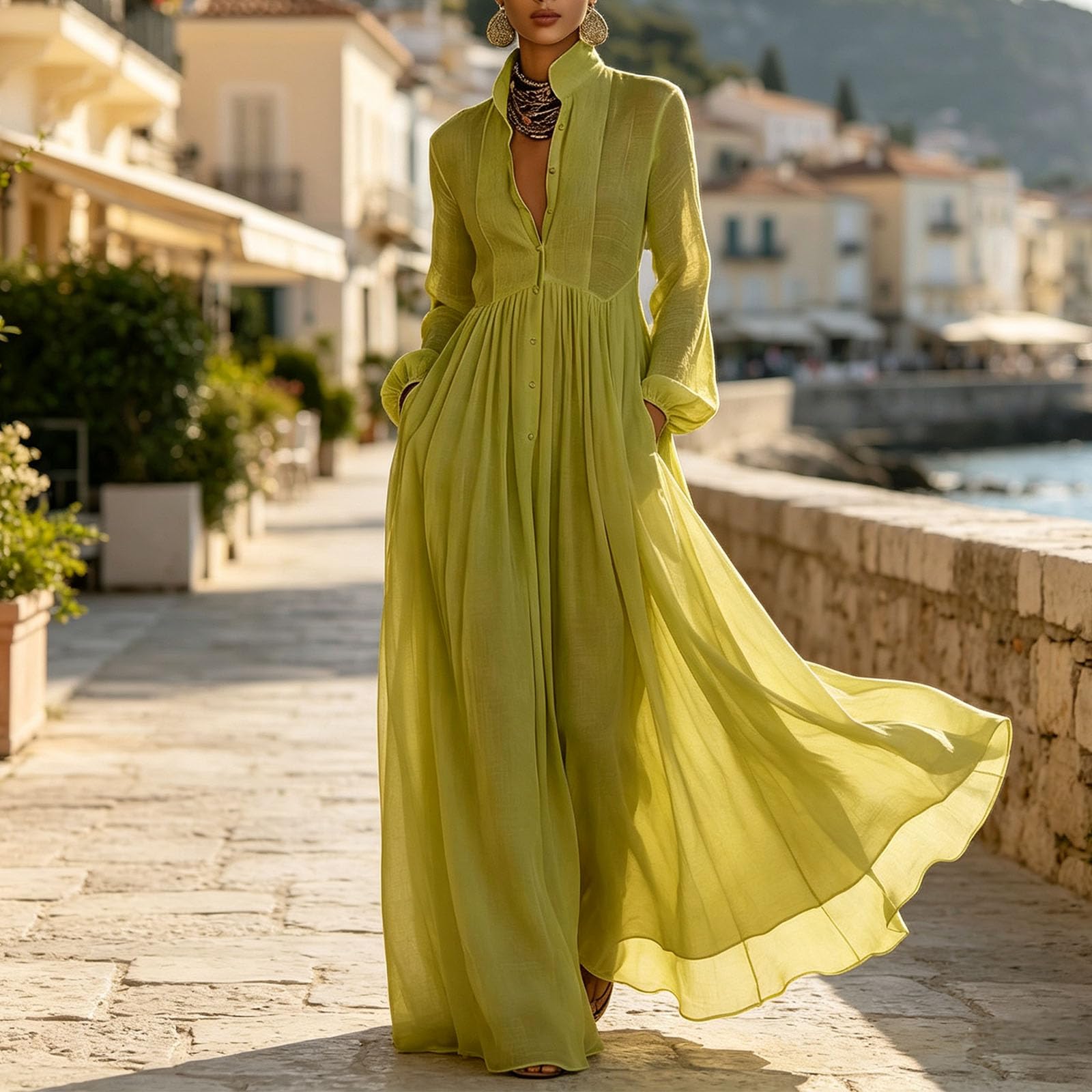 Abito Lungo Casual con Bottoni Vestito Boho Collo alla Coreana