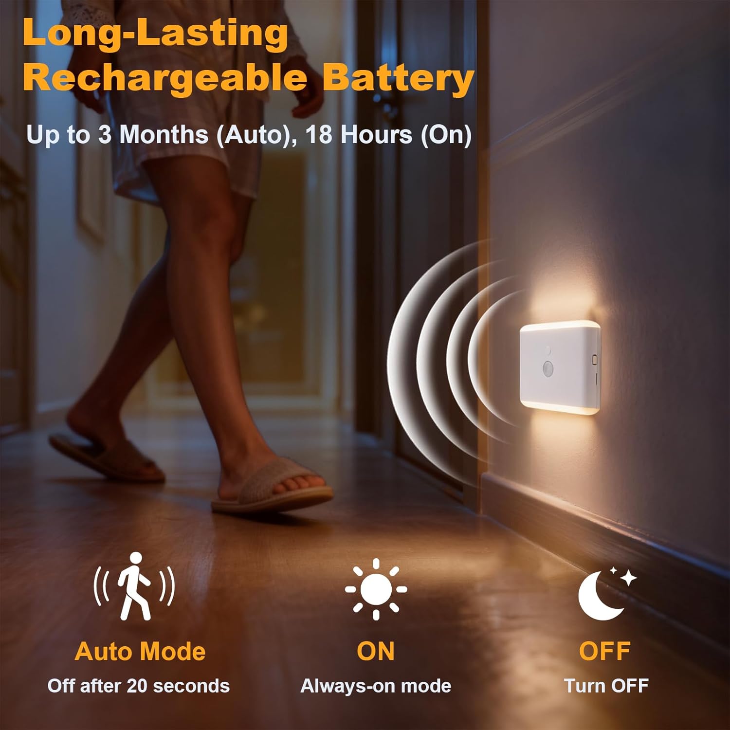 Motion Sensor Night Light 2-Pack, Long-Lasting Rechargeable Magnetic LED Nightlight, Warm & RGB Soft Dimmable, Wireless USB Auto Sensor Lights for Indoor Bedroom, Bathroom, Hallway, Stairs