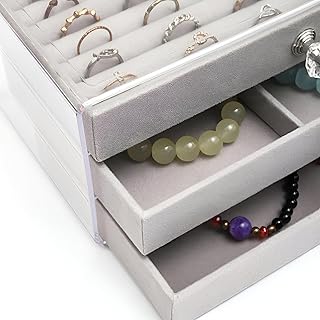 تخزين المجوهرات - حل تخزين مجوهرات أنيق مكون من 3 أدراج مع بطانة قطيفة ناعمة ومقابض كريستال وفواصل ذكية - لتنظيم القلائد والحلقان والأكسسوارات