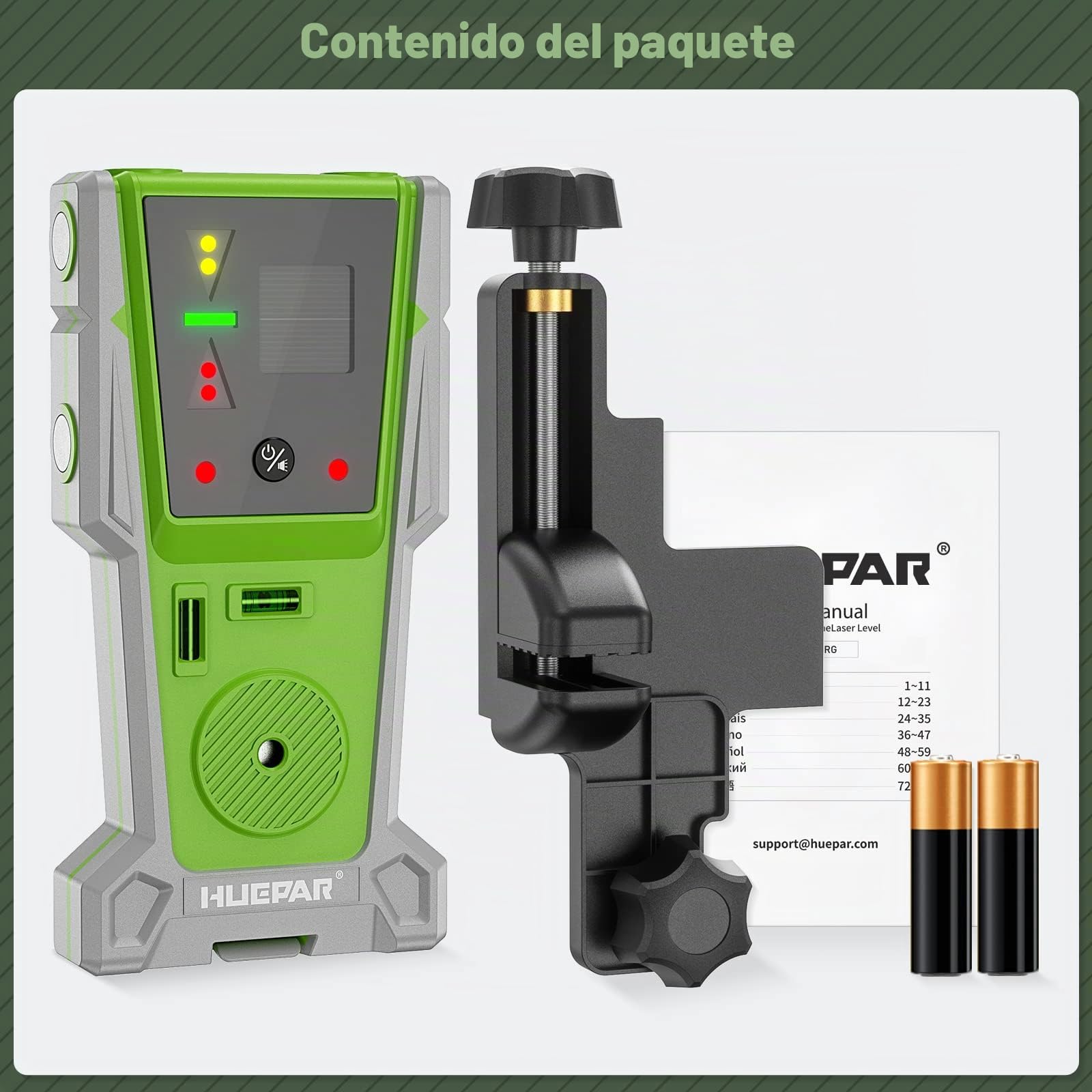 Huepar Detector láser LR-8RG para nivelación láser, receptor láser digital para haz verde y rojo, pantalla LED de doble cara e imán, lámpara doble y zumbador de 90 dB