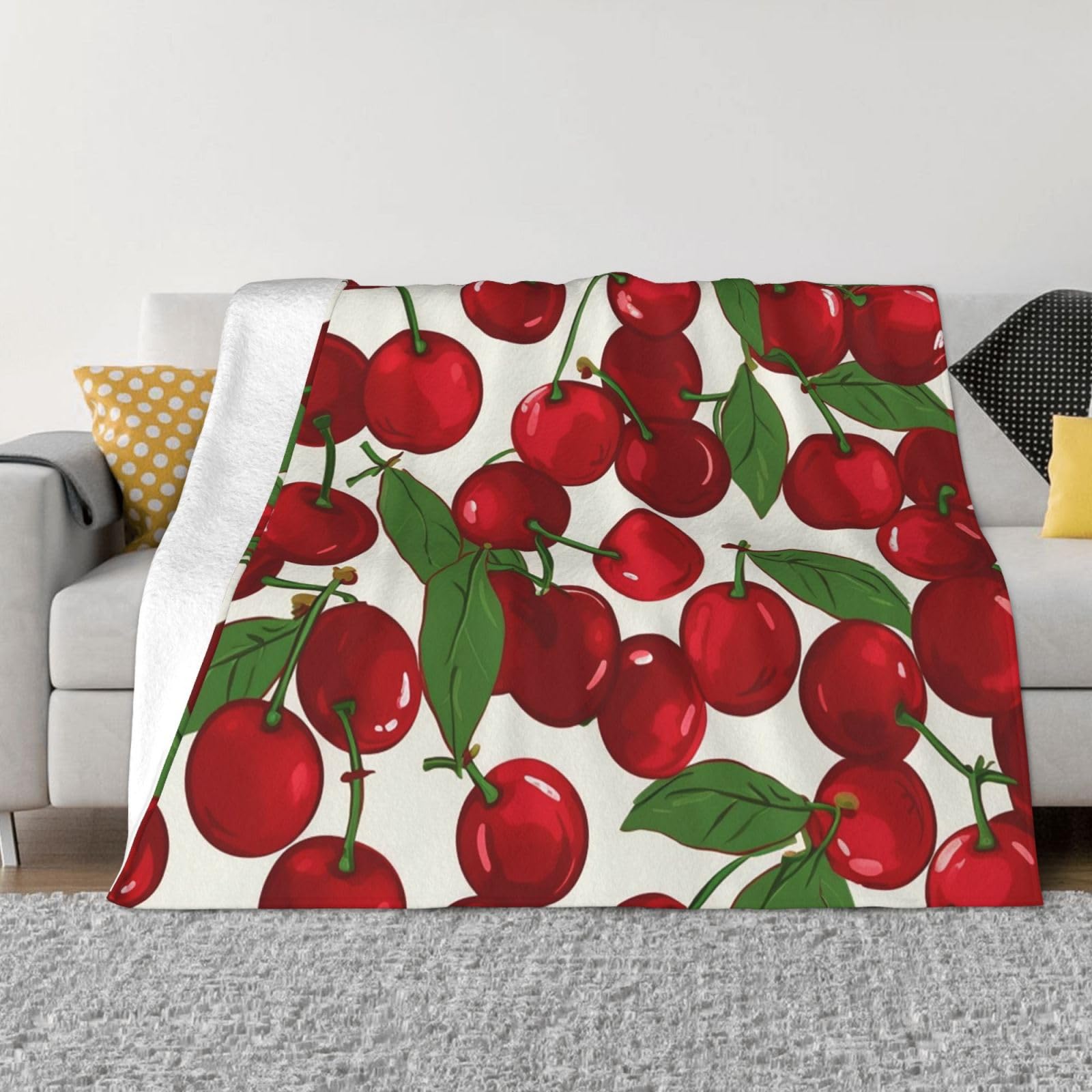 Jeté de lit réversible KHiry motifs cerises rouges en flanelle 152x127 cm