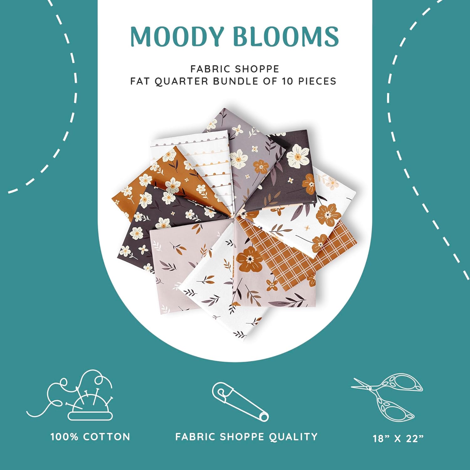 10-Pcs Fat Quarters Fabric Bundles of 100% Soft Cotton, 18" x 22" - Moody Blooms Floral Fabric Squares for Patchwork, Quilts, Pillow Covers & More - DIY Handmade Crafts & Home Décor