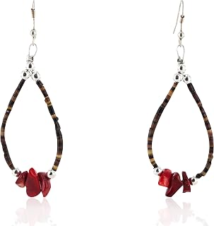 $70Tag Certified Silver Navajo Hooks Natural CORAL Hoop Native Earrings 18059 Made By Loma Siiva