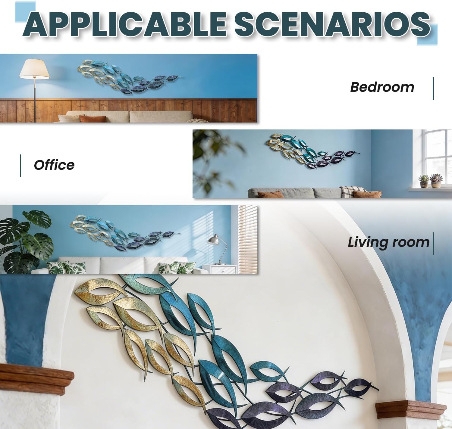 SUN RDPP Metal Fish Wall Art Decor, Large Coastal Ocean Metal Fish Wall Hangings Decor Wall Sculpture for Living Room Bedroom (C)