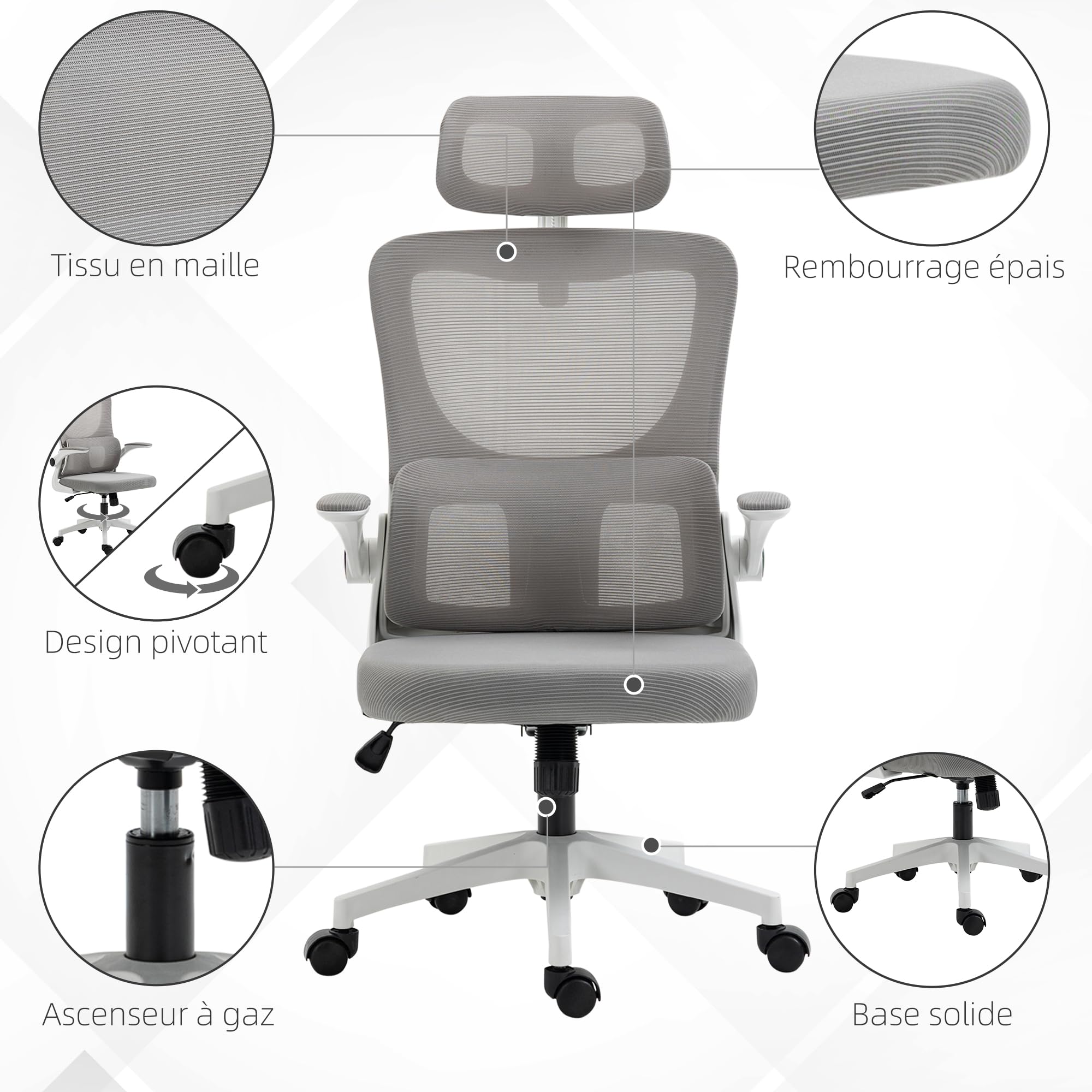 Vinsetto Fauteuil de Bureau Maille Respirant Accoudoirs Relevables Gris | Chaise Ergonomique, Pivotant, Appui-Tête Réglable, Support Lombaire, Hauteur d'Assise Réglable, Fonction de Bascule