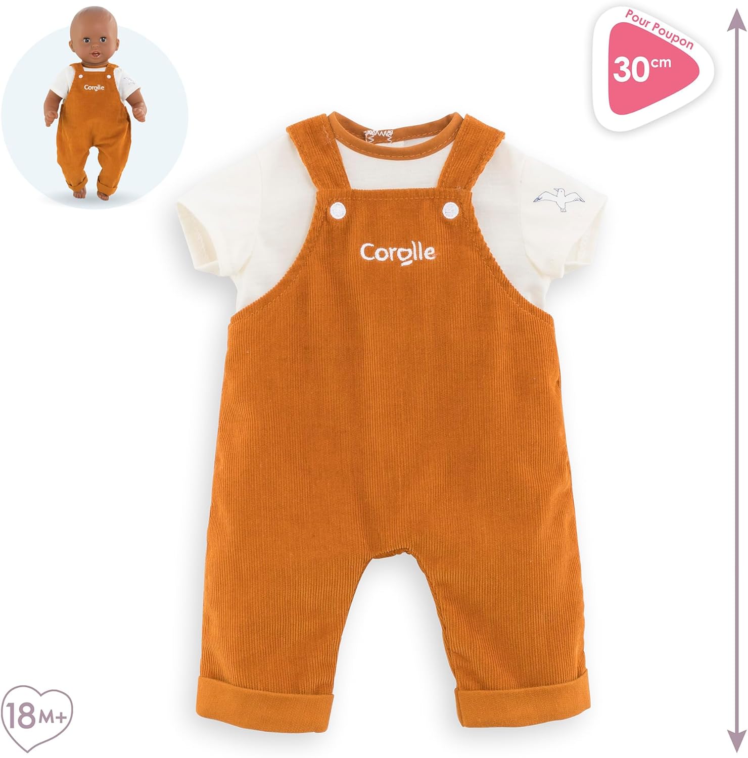 Corolle 12” Baby Doll Outfit - Loire Riverside Overalls and T-Shirt - Mon Premier Poupon Clothing and Accessories fit 12" Dolls, for Kids Ages 18 Months and up
