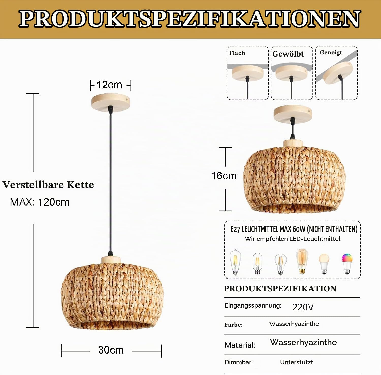 Boho Lampenschirm HäNgelampe,30Cm Wasserhyazinthe Weben Esstisch Lampe Handgewebt Korb Lampen E27 Retro KüChe Pendelleuchte FüR Schlafzimmer Wohnzimmer
